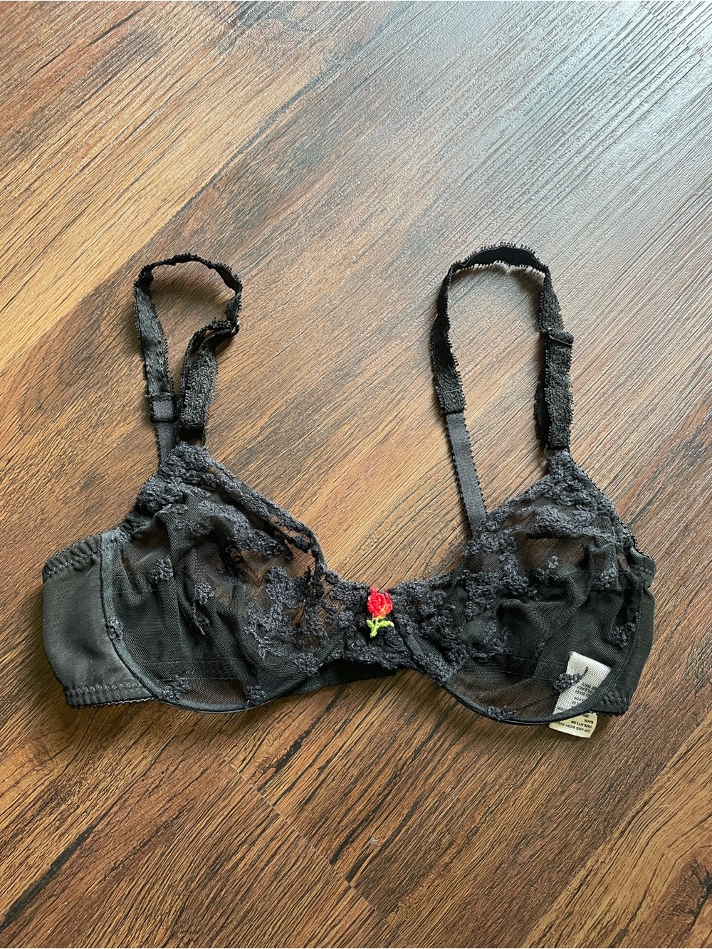 Vintage Victoria's Secret 32B Black Lace Underwired Red Rose Sheer Bra